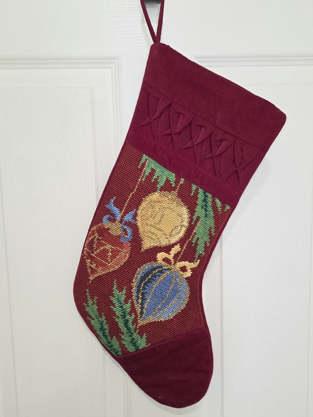 Vintage Needlepoint & Burgundy Velvet Christmas Stocking W/ Ornaments 18"